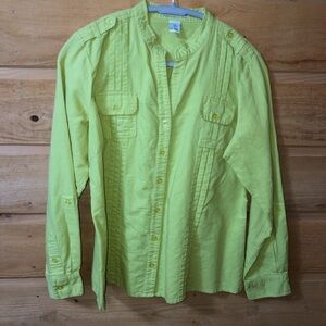 Lime green linen mix button front long sleeve shirt roll tab sleeves size LARGE